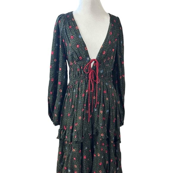 Free People Bohemian Gypsy Tiered Ruffle Maxi Dress Small Witchy Plunge Fall - Picture 6 of 13